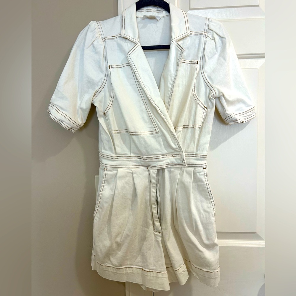 Day + Moon white denim romper with pockets. Size small.
